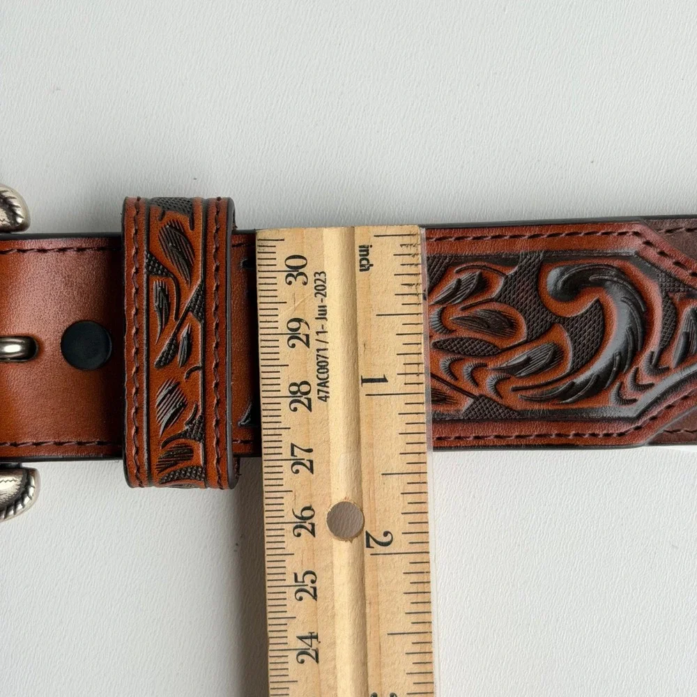 3-D Belt Co Handtooled Leather Belt Mens 42 Western Barbed Wire Braid Brown